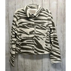 SANCTUARY DENIM JACKET SIZE M GREEN WHITE TIGER PRINT BUTTON FRONT SIDE POCKETS